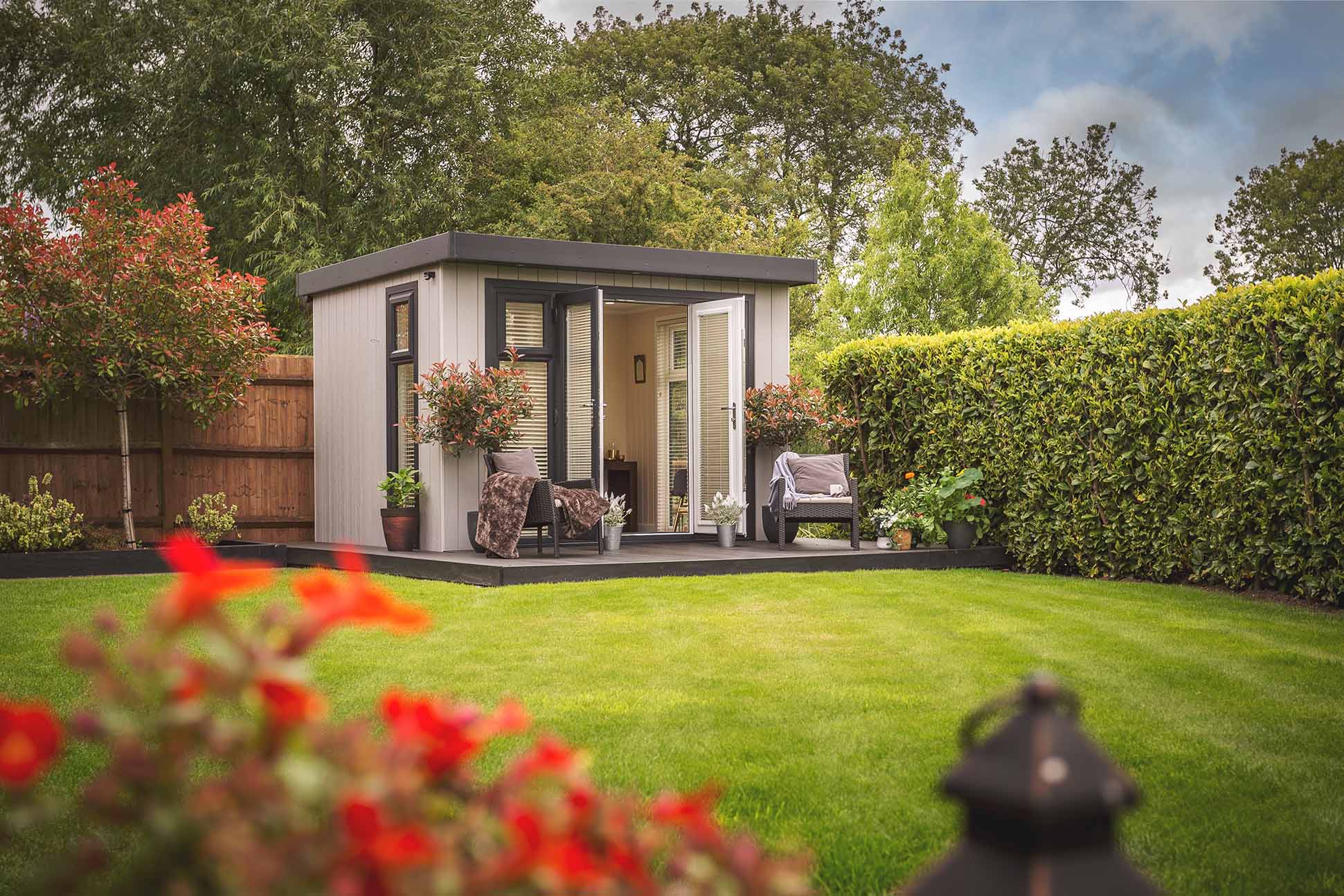 garden building in situ on decking