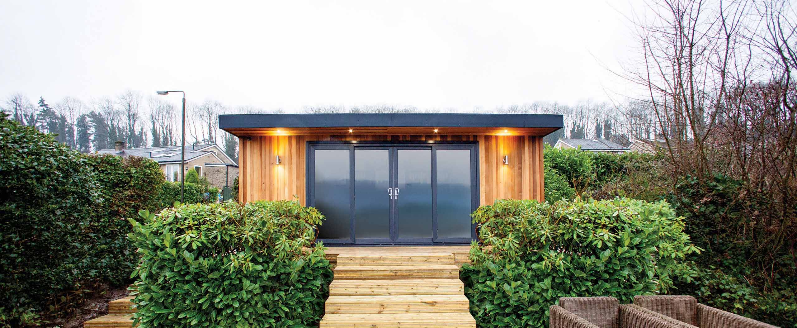 garden room exterior on decking