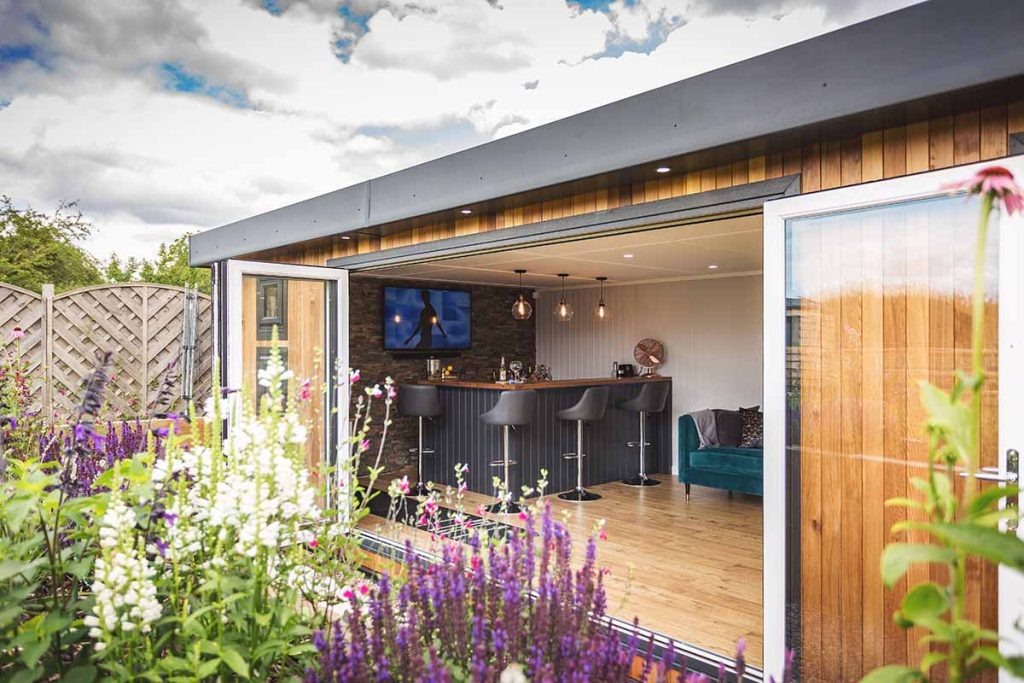 inside view of garden bar with bi fold doors