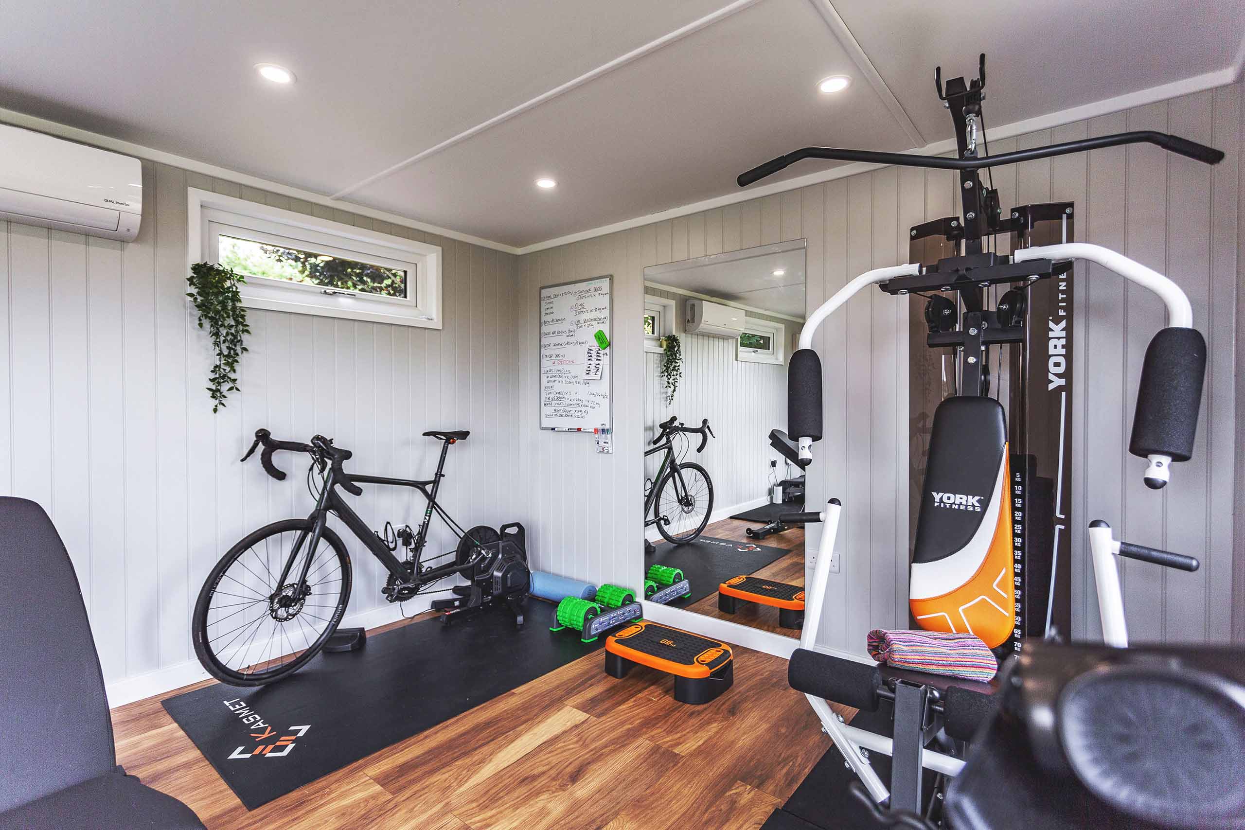 inside of garden home gym setup